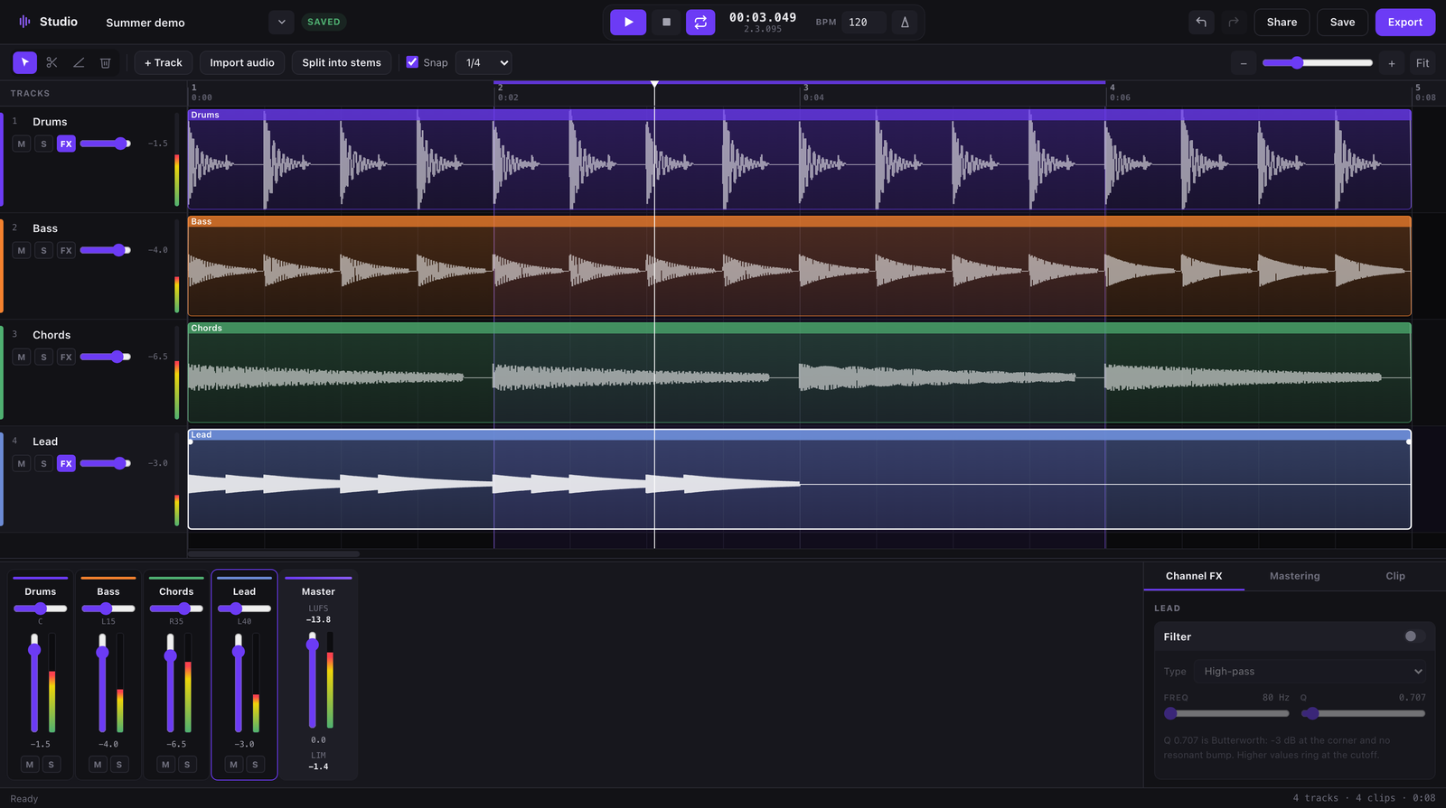 Studio with four tracks on the timeline, the mixer below and channel effects on the right